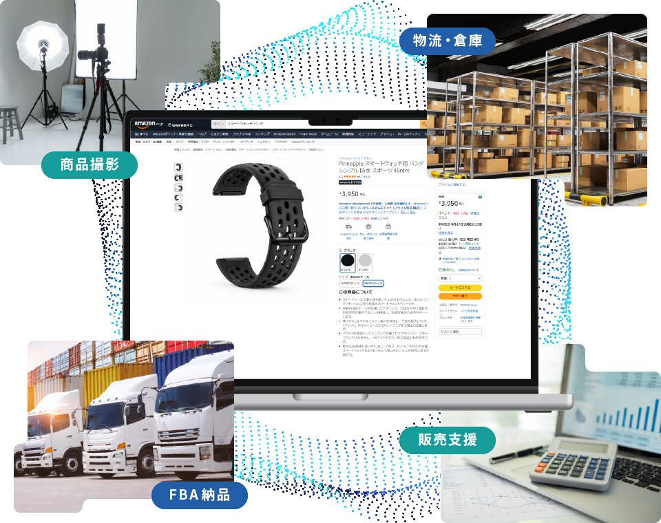 仕入れ、商品撮影、商品ページ制作、物流、販売支援をつないだイメージ